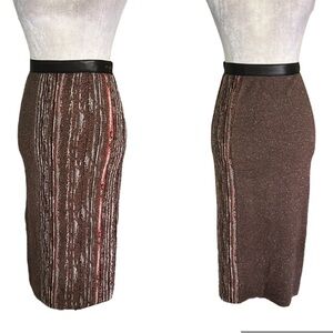 Missoni Brown Metallic Striped Knit Leather Waistband Midi Pencil Skirt - 38/ XS